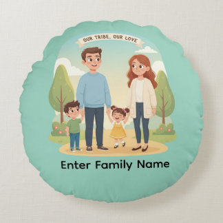 Custom Family Portrait Our Tribe Our Love Round Pillow