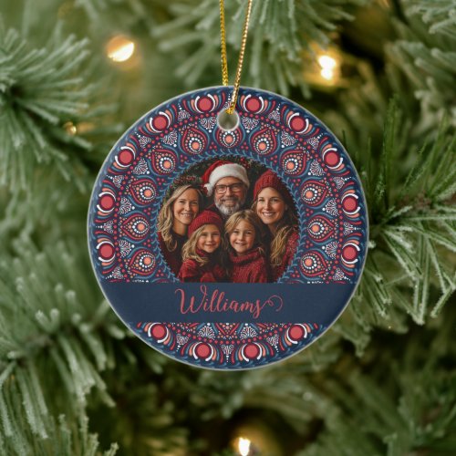 Custom Family Portrait Russet Christmas Mandala Ceramic Ornament