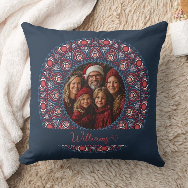 Custom Family Portrait Russet Christmas Mandala Throw Pillow (Blanket)
