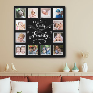 Custom Family Quote 12 Photo Collage Black Square Wall Clock