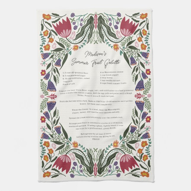 Custom Family Recipe Folk Art Flowers Kitchen Towel (Vertical)
