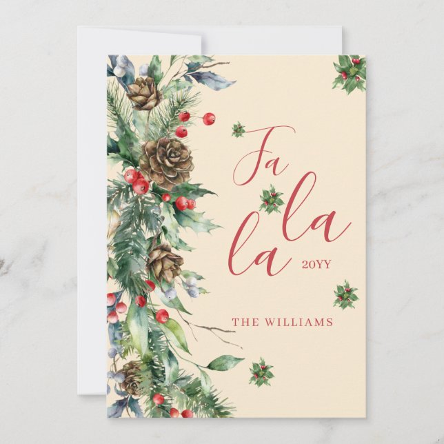 Custom Family Red Floral Pattern Fa La La  Holiday Card (Front)