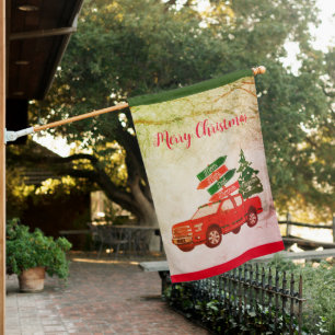 Custom Family Red Truck Rustic Vintage Christmas House Flag