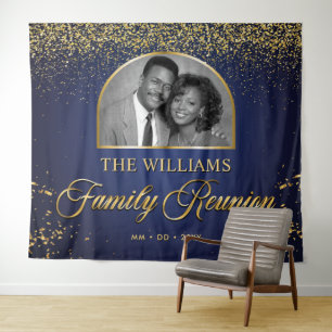 Custom Family Reunion Banner, 1 Photo Blue Gold Tapestry