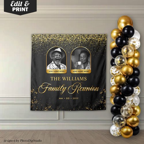 Custom Family Reunion Banner, 2 Photo Black Gold