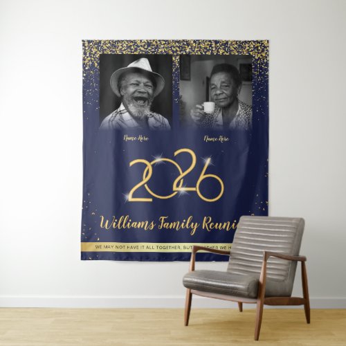 Custom Family Reunion Banner, 2 Photo Blue Gold