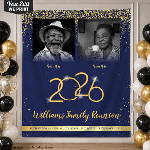 Custom Family Reunion Banner, 2 Photo Blue Gold Tapestry