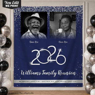 Custom Family Reunion Banner, 2 Photo Blue Silver Tapestry