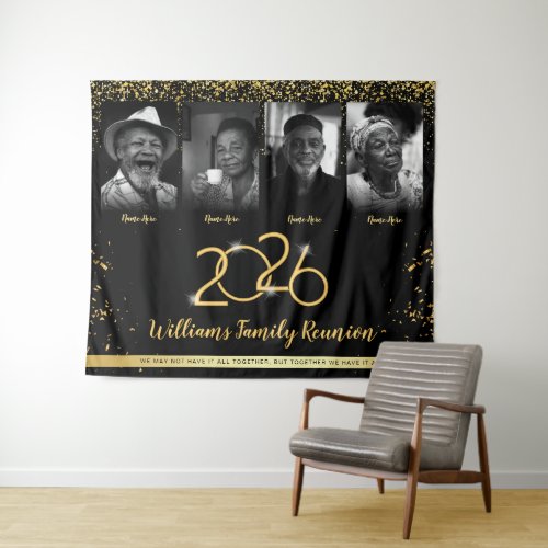Custom Family Reunion Banner, 4 Photo Black Gold