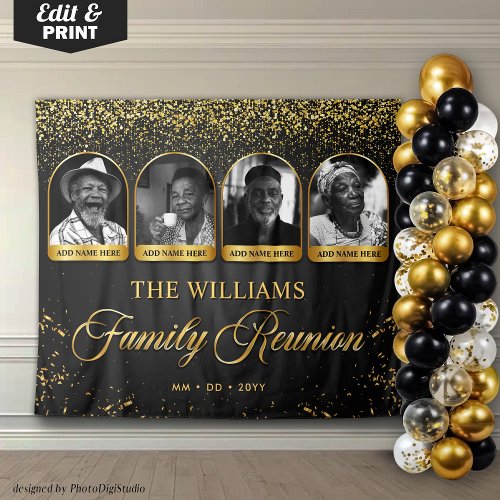 Custom Family Reunion Banner, 4 Photo Black Gold