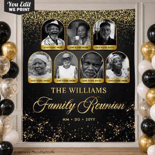 Custom Family Reunion Banner, 7 Photo Black Gold Tapestry