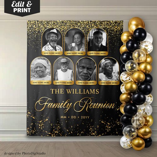 Custom Family Reunion Banner, 7 Photo Black Gold