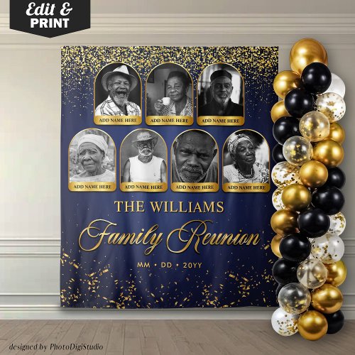 Custom Family Reunion Banner, 7 Photo Blue Gold