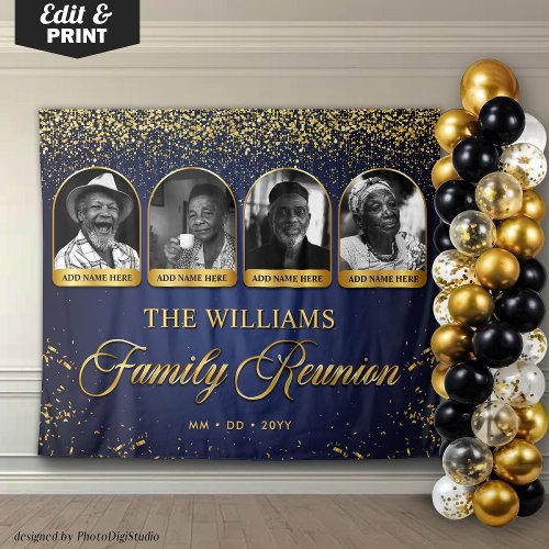 Custom Family Reunion Banner, 7 Photo Blue Gold