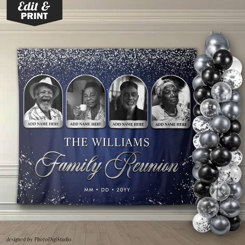 Custom Family Reunion Banner, 7 Photo Blue Silver