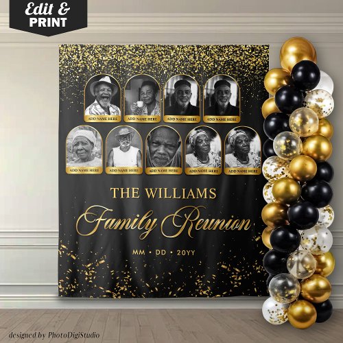 Custom Family Reunion Banner, 9 Photo Black Gold