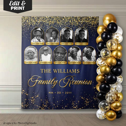Custom Family Reunion Banner, 9 Photo Blue Gold