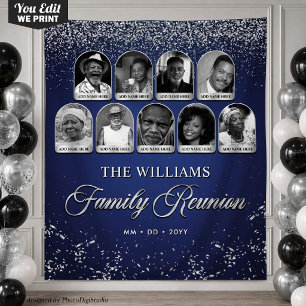 Custom Family Reunion Banner, 9 Photo Blue Silver Tapestry
