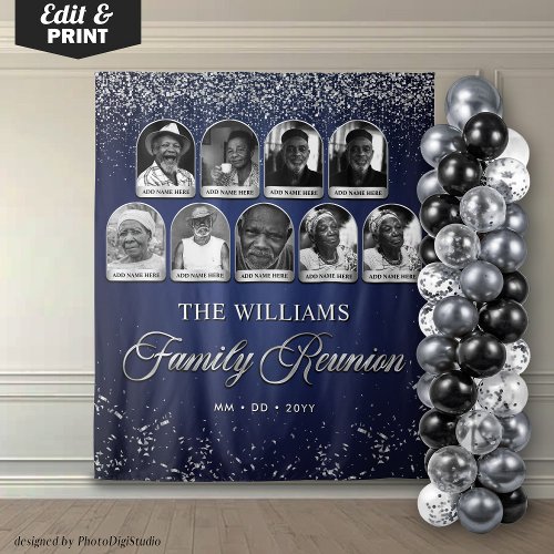 Custom Family Reunion Banner, 9 Photo Blue Silver