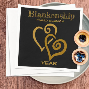 Custom Family Reunion Black Gold Linked Hearts  Napkins