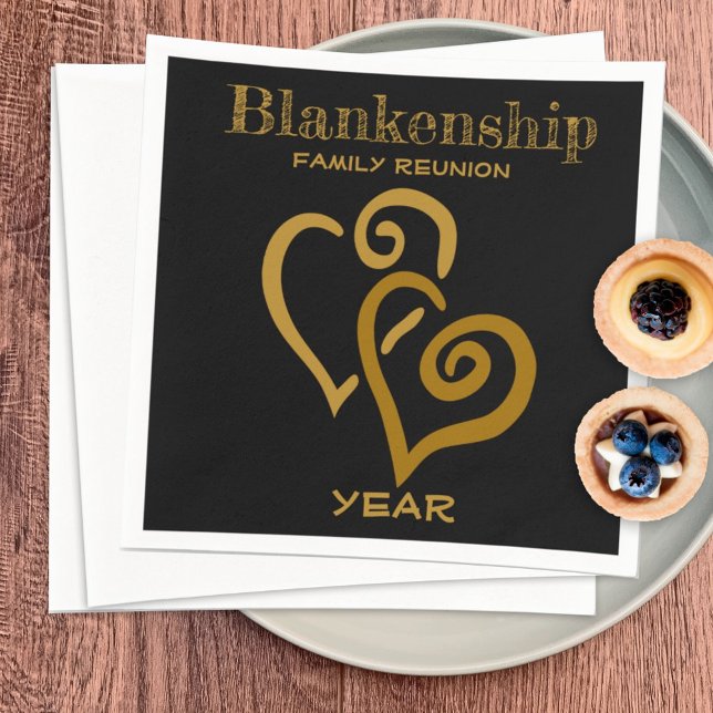 Custom Family Reunion Black Gold Linked Hearts  Napkins (Creator Uploaded)