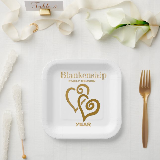 Custom Family Reunion Black Gold Linked Hearts  Paper Plates (Wedding)