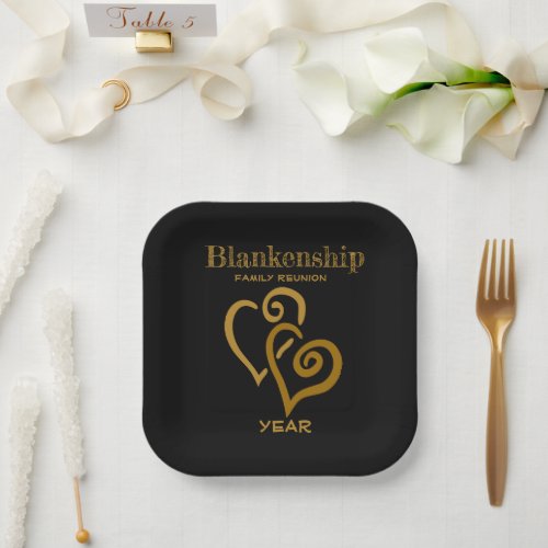 Custom Family Reunion Black Gold Linked Hearts  Paper Plates