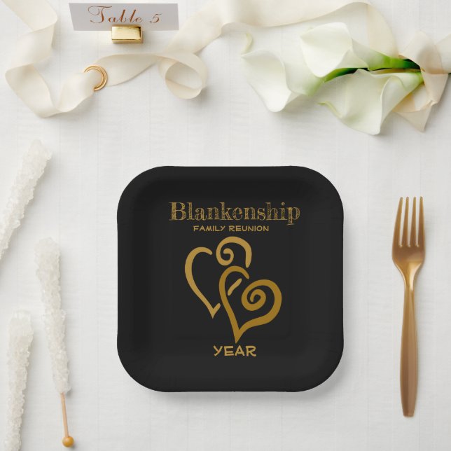 Custom Family Reunion Black Gold Linked Hearts  Paper Plates (Wedding)