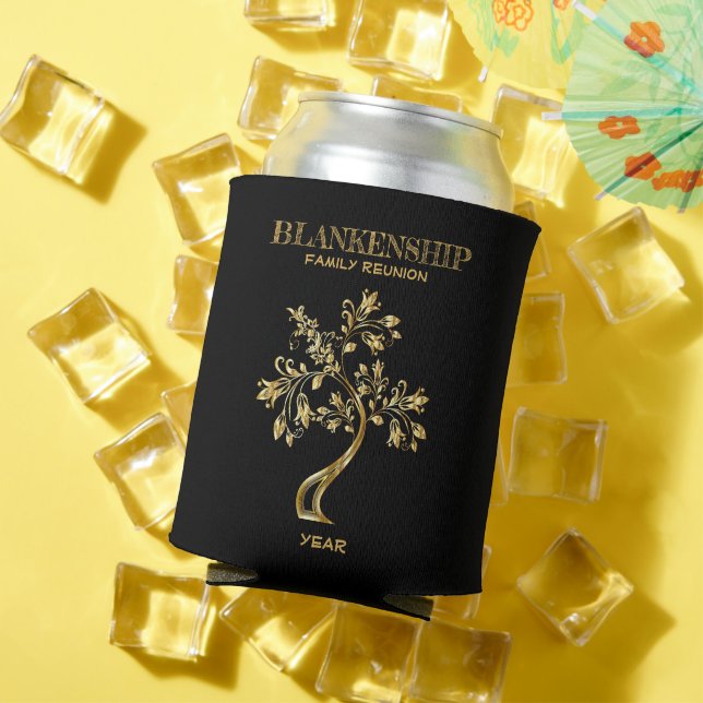 Custom Family Reunion Black Gold Tree Art Can Cooler (In Situ Summer)