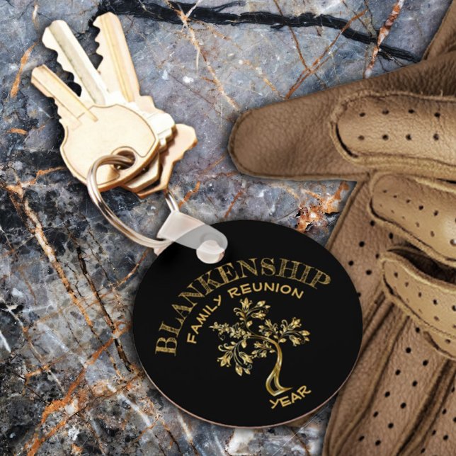 Custom Family Reunion Black Gold Tree Art Keychain (A custom family reunion keepsake keyring to remember the happy gathering.)