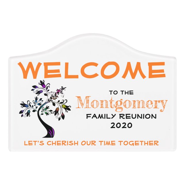 Custom Family Reunion Colorful Tree Welcome Door Sign (Small Crest Front)
