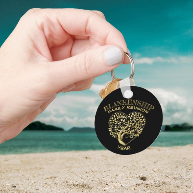 Custom Family Reunion Gold Heart Shaped Tree Keychain (Surprise family members with this double-sided tree heart designed key chain as a memento.)