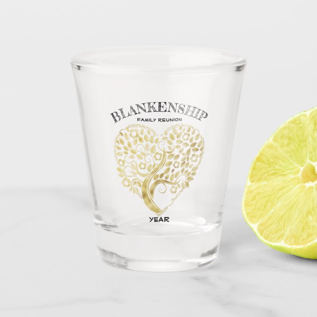 Custom Family Reunion Gold Heart Tree Keepsake Shot Glass (Front)