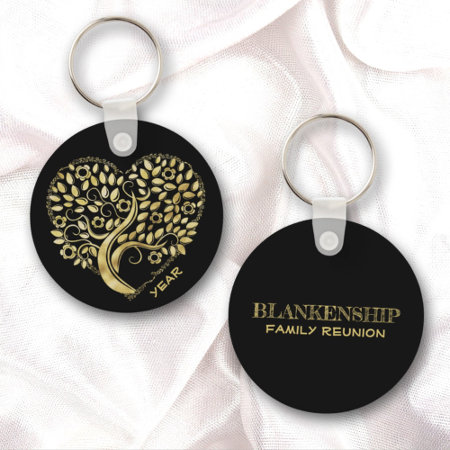 Custom Family Reunion Gold Heart Tree Two Sided Keychain