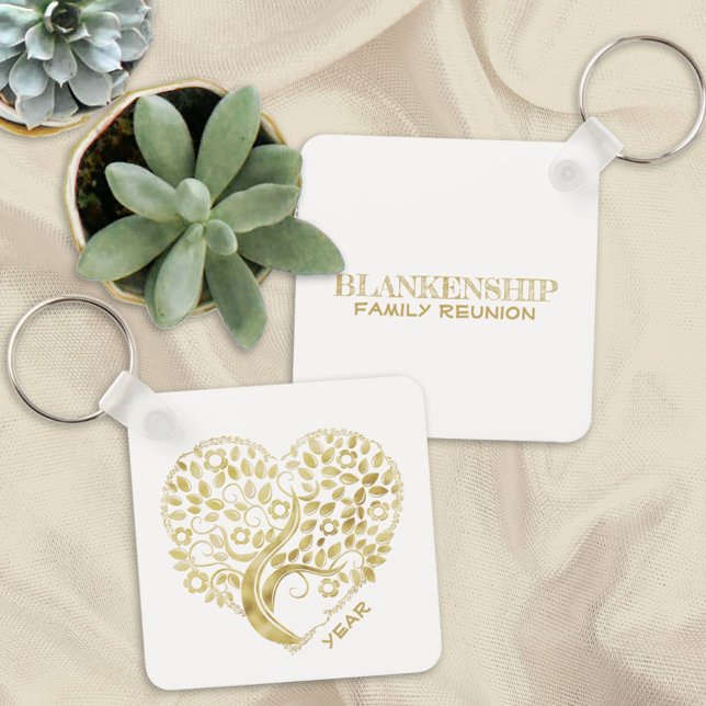 Custom Family Reunion Gold Heart Tree Two Sided  Keychain (Creator Uploaded)