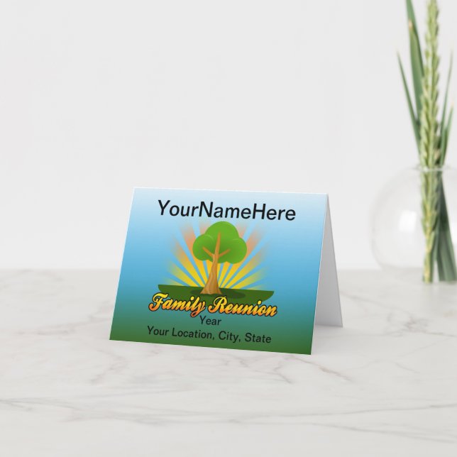 Custom Family Reunion, Green Tree with Sun Rays Card (Front)