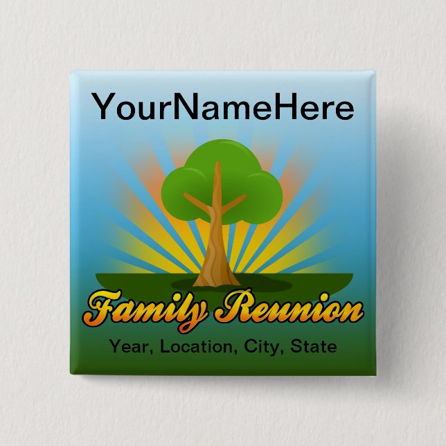 Custom Family Reunion, Green Tree with Sun Rays Pinback Button (Front)