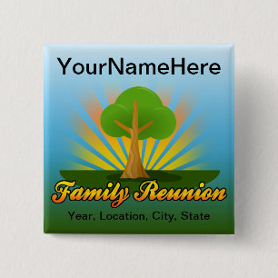 Custom Family Reunion, Green Tree with Sun Rays Pinback Button