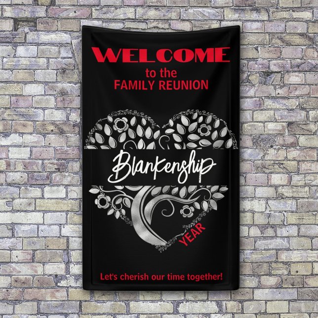 Custom Family Reunion Heart Art Tree Black White Banner (Greet the family with a silver heart tree on a red, black and white reunion banner.)