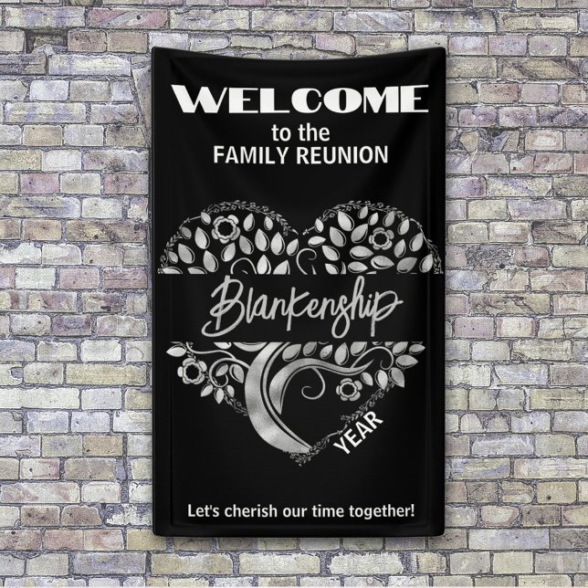 Custom Family Reunion Heart Art Tree Black White Banner (Silver heart tree art is center of this WELCOME banner for your next family reunion. )