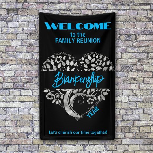 Custom Family Reunion Heart Art Tree Blue Black Banner