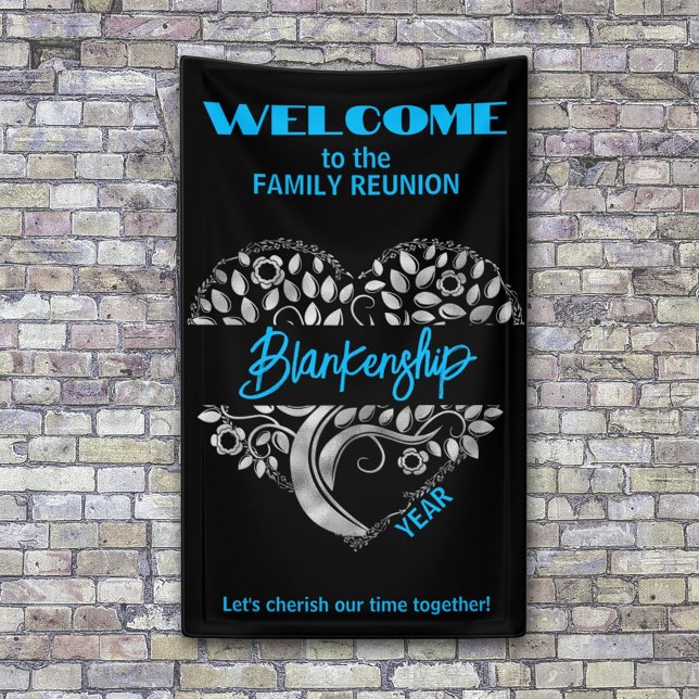Custom Family Reunion Heart Art Tree Blue Black Banner (Welcome family with heart tree art on a black with blue text vertical format reunion banner.
)