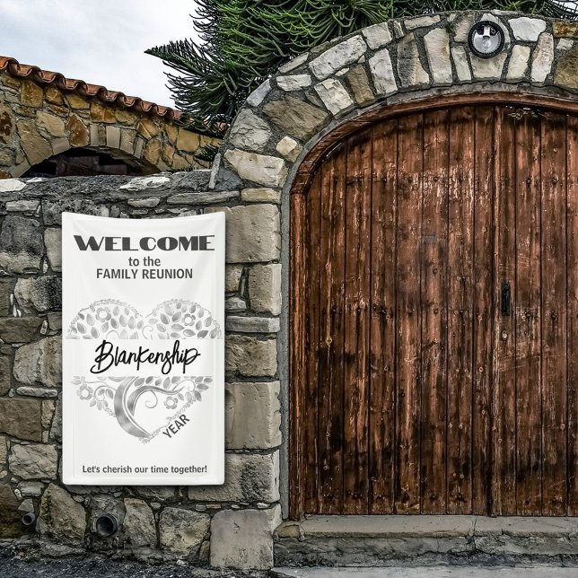 Custom Family Reunion Heart Art Tree White Silver Banner (Welcome family with a heart tree art on white with gray text vertical format reunion banner.)