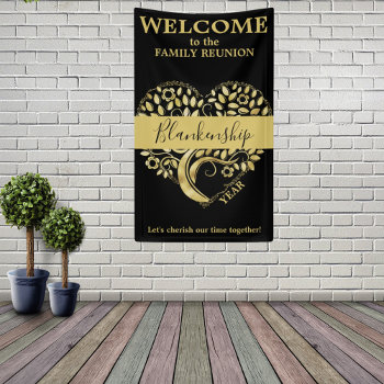 Custom Family Reunion Heart Shaped Tree Black Gold Banner by PaPr_Emporium at Zazzle