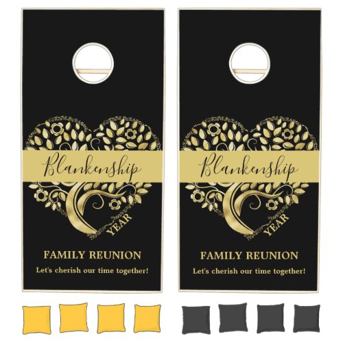 Custom Family Reunion Heart Shaped Tree Black Gold Cornhole Set
