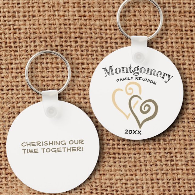 Custom Family Reunion Khaki Tan Linked Heart Keychain (front and back family reunion key ring)