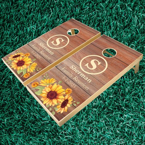 Custom Family Reunion Monogram Sunflower Woodgrain Cornhole Set