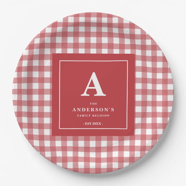 Custom Family Reunion Red Gingham Paper Plates (Front)