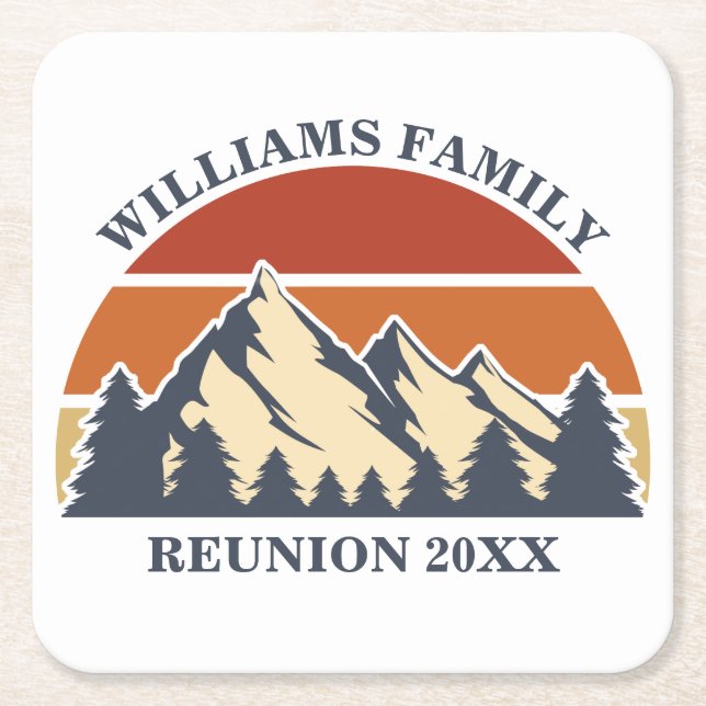 Custom Family Reunion Road Sunset Mountain Party Square Paper Coaster (Front)