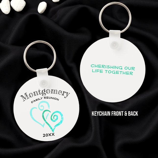 Custom Family Reunion Rustic Blue Linked Heart Keychain (template heart designed key chain)